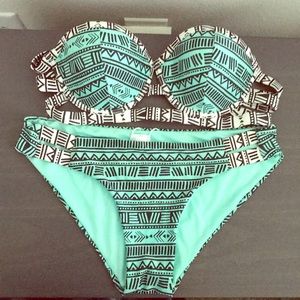 Teal Green Turquoise White Black Tribal Bikini M